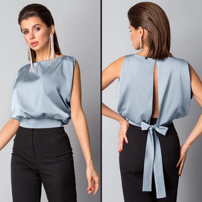 New Summer Clothes Women Solid Sexy Backless Lace up Bow Satin Top Sleeveless Back Hollow Out round Neck Elegant Shirt