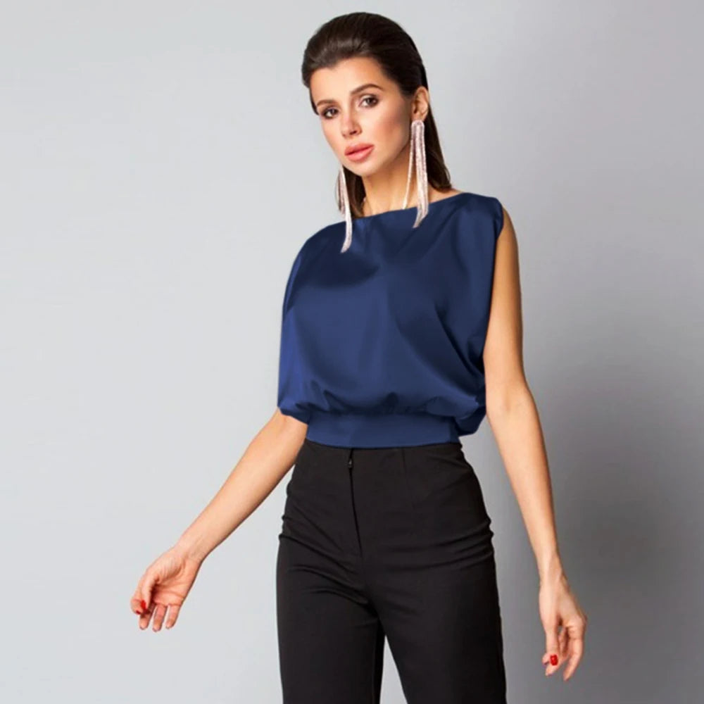 New Summer Clothes Women Solid Sexy Backless Lace up Bow Satin Top Sleeveless Back Hollow Out round Neck Elegant Shirt