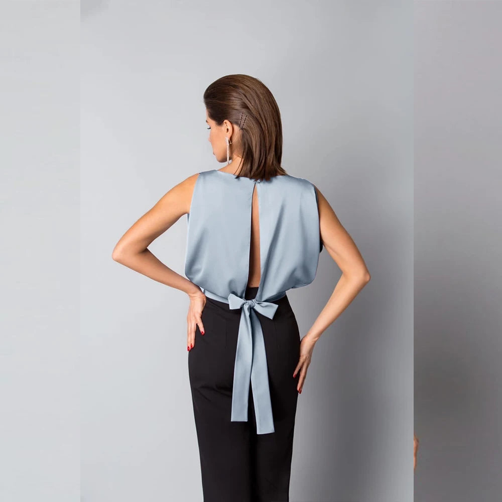 New Summer Clothes Women Solid Sexy Backless Lace up Bow Satin Top Sleeveless Back Hollow Out round Neck Elegant Shirt