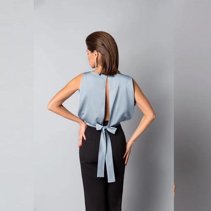 New Summer Clothes Women Solid Sexy Backless Lace up Bow Satin Top Sleeveless Back Hollow Out round Neck Elegant Shirt