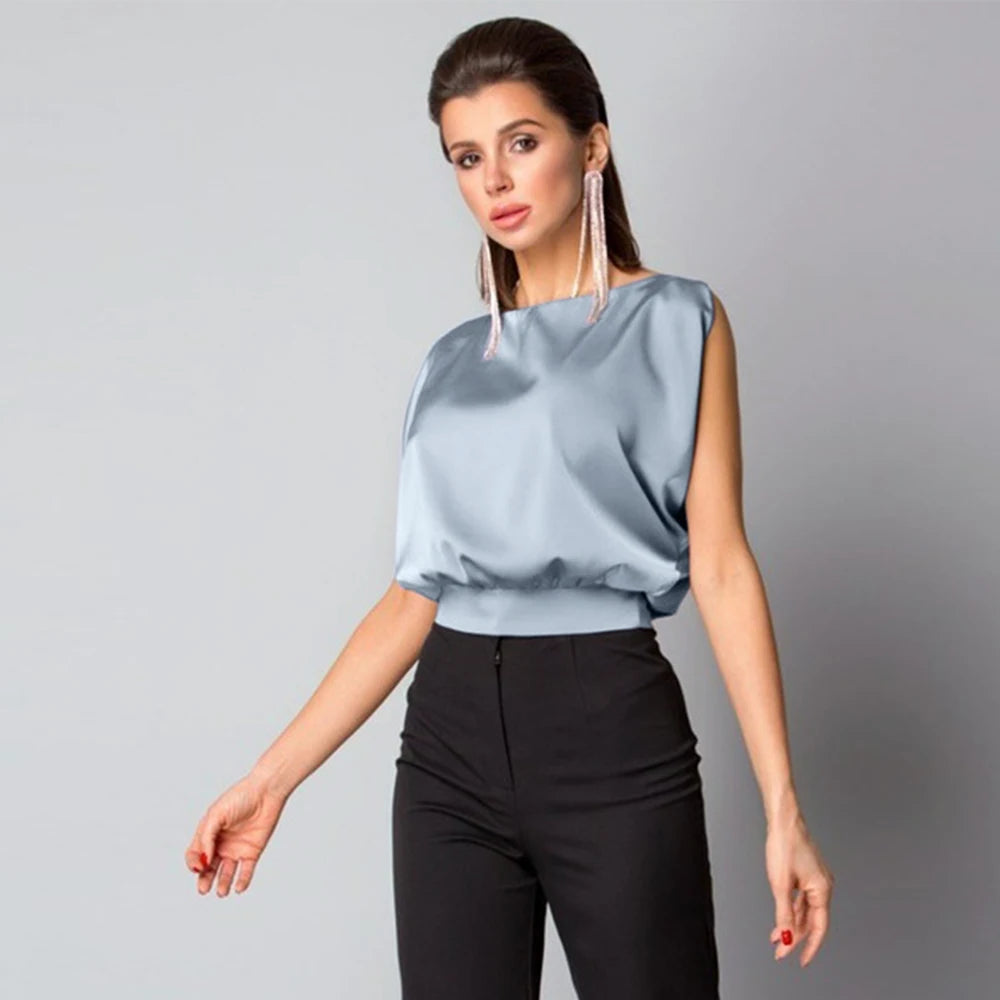 New Summer Clothes Women Solid Sexy Backless Lace up Bow Satin Top Sleeveless Back Hollow Out round Neck Elegant Shirt