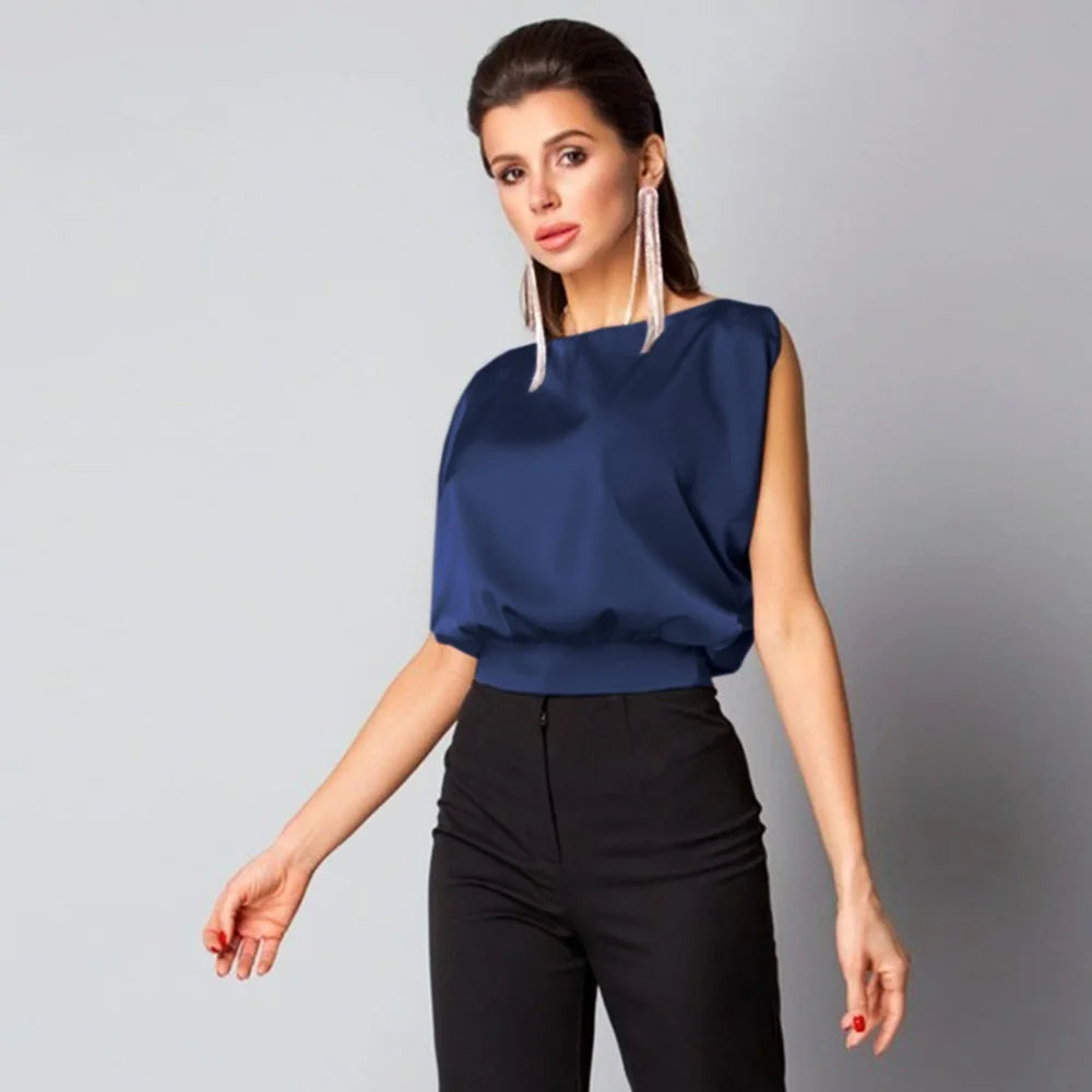New Summer Clothes Women Solid Sexy Backless Lace up Bow Satin Top Sleeveless Back Hollow Out round Neck Elegant Shirt