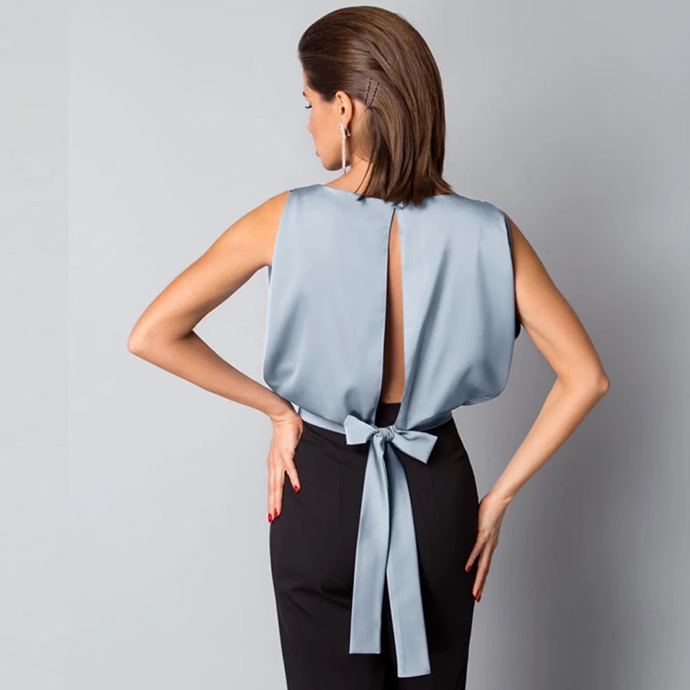 New Summer Clothes Women Solid Sexy Backless Lace up Bow Satin Top Sleeveless Back Hollow Out round Neck Elegant Shirt