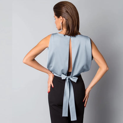 New Summer Clothes Women Solid Sexy Backless Lace up Bow Satin Top Sleeveless Back Hollow Out round Neck Elegant Shirt